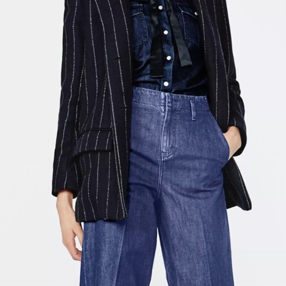 Maje Jacket Blazer Vampas Pinstriped Wool Gabardine Blazer Navy Sz 36❤️ - Picture 2 of 7